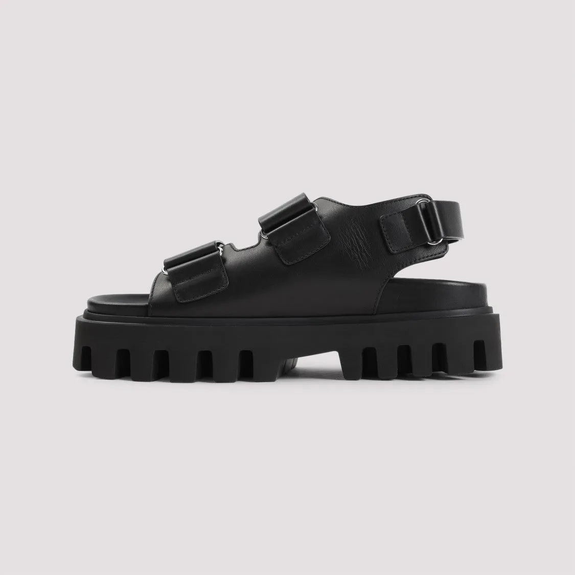 Black Leather And Rubber Sandals