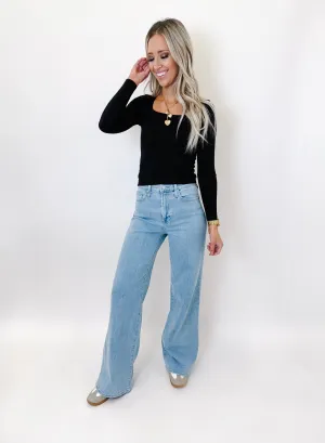 Black Square Neck Long Sleeve Top