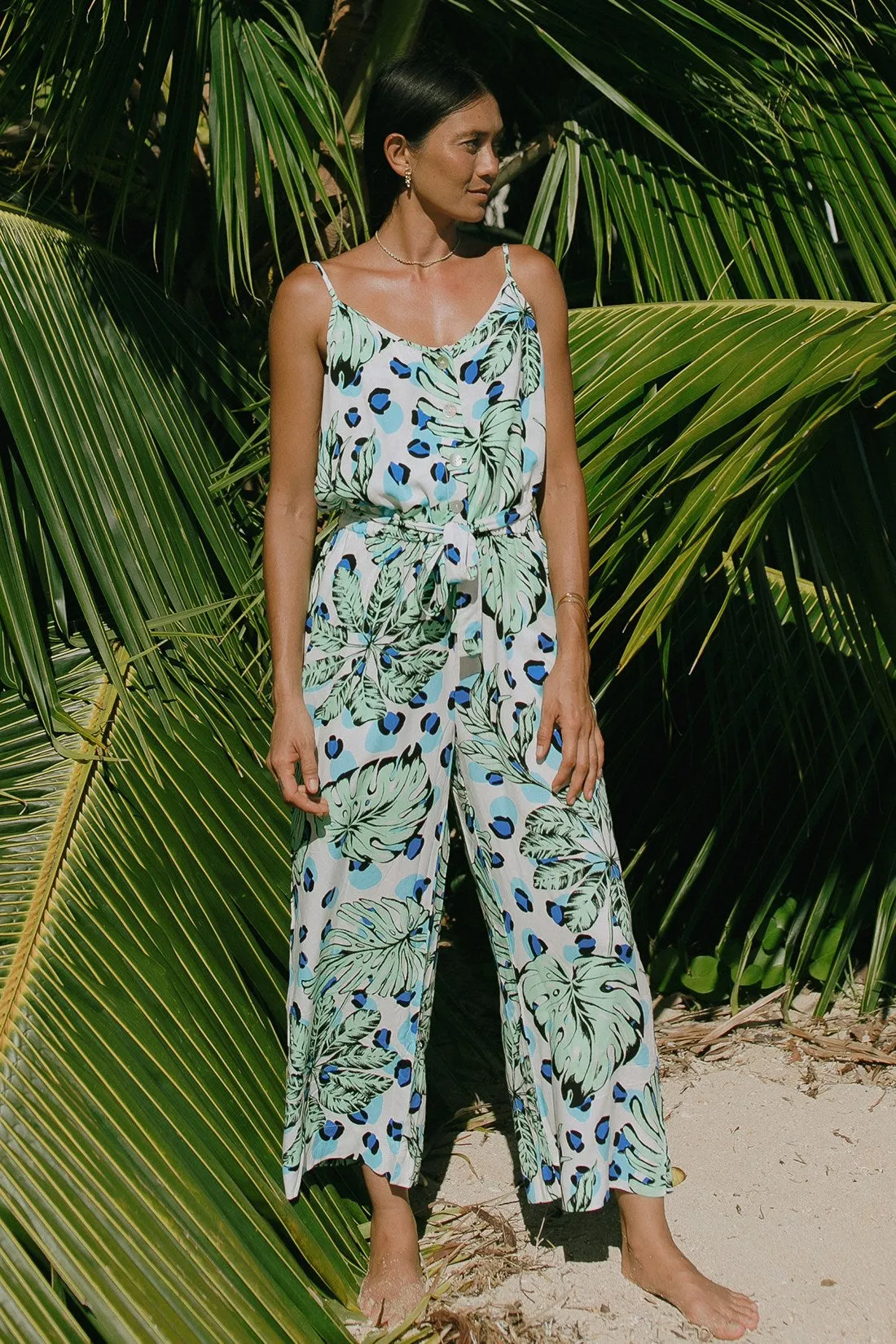 Button-Front Tie-Waist Jumpsuit-Havana