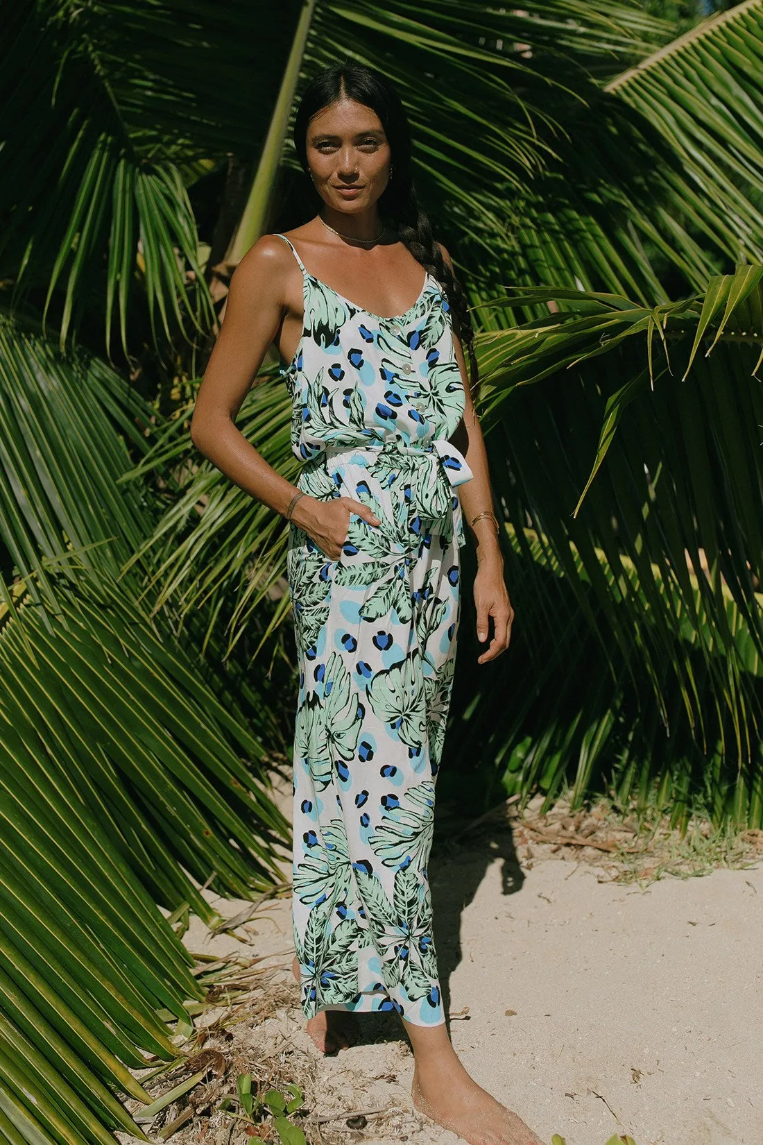 Button-Front Tie-Waist Jumpsuit-Havana