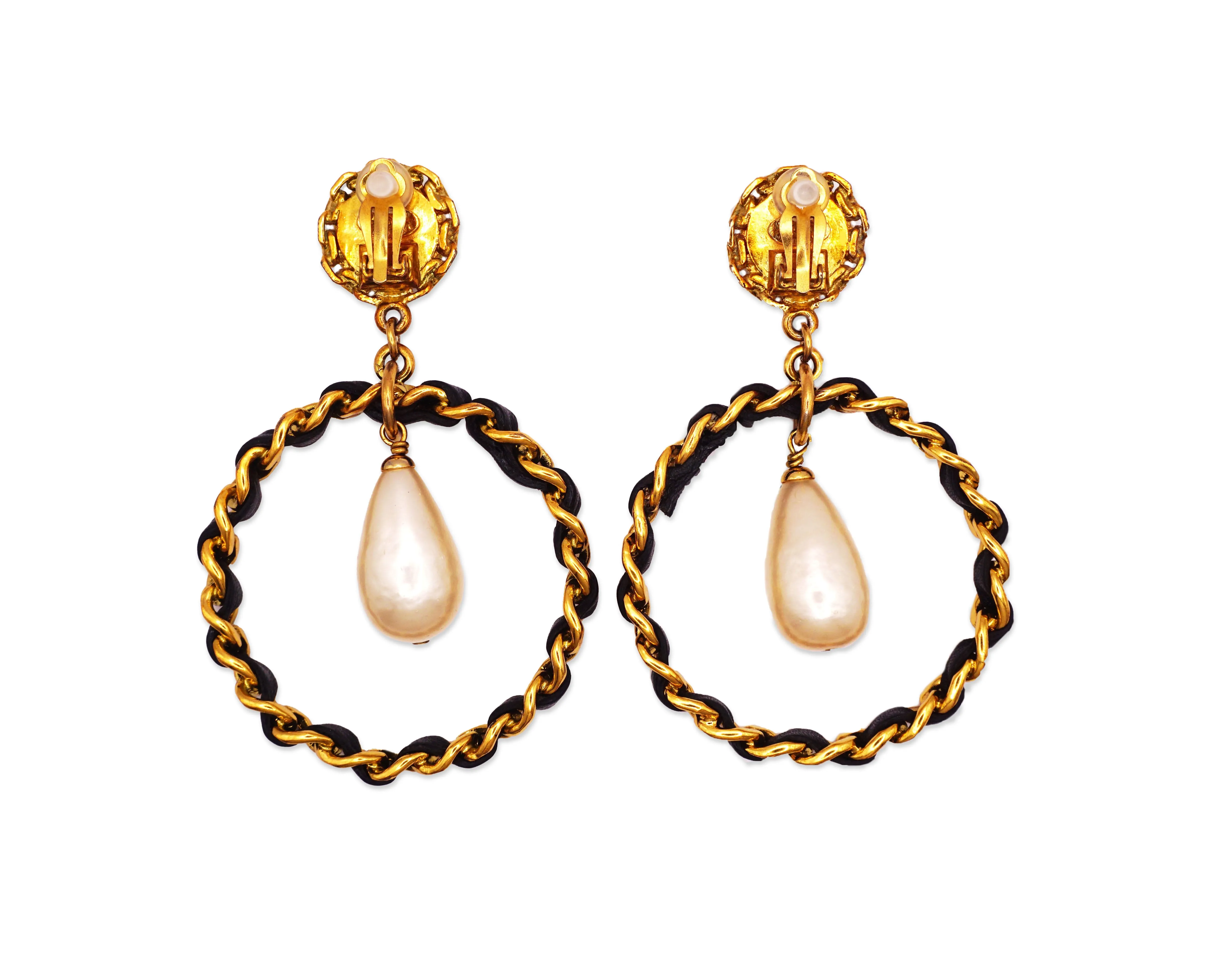 Chanel Vintage Rare XL Classic Pearl & Chain Hoops