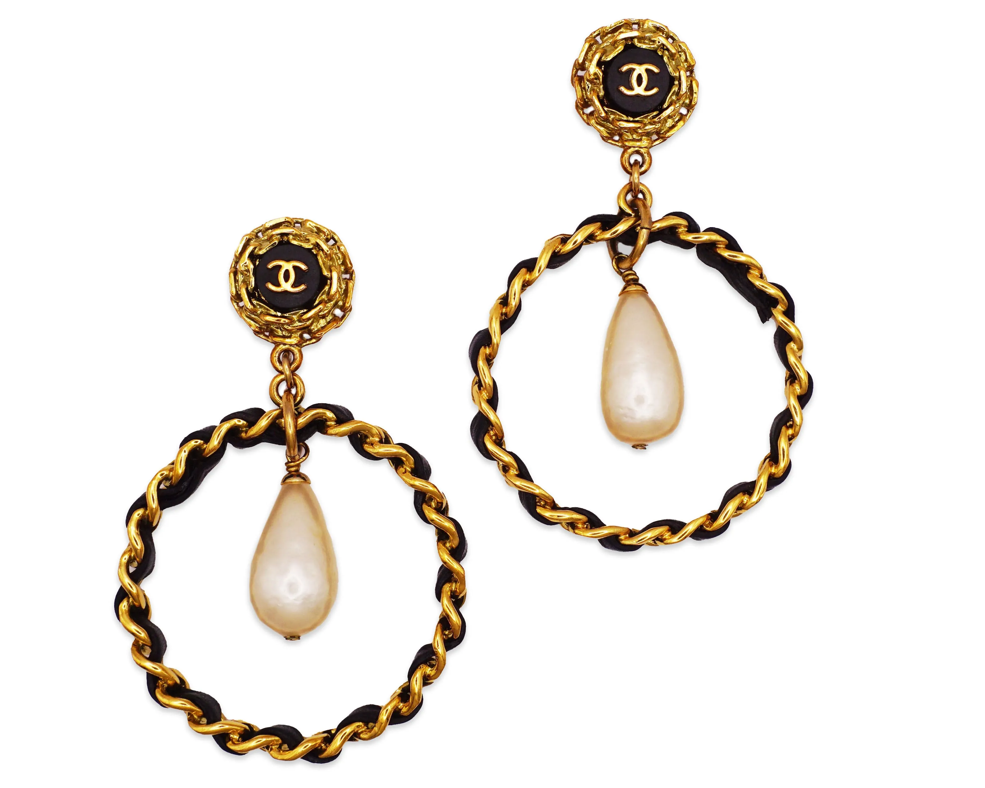 Chanel Vintage Rare XL Classic Pearl & Chain Hoops