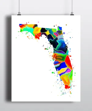 Florida Map Watercolor Art Print - Unframed