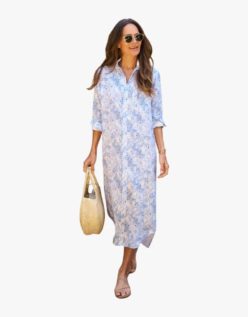 Frank & Eileen Rory Maxi Shirtdress in Blue Floral (Italian Classic Linen)