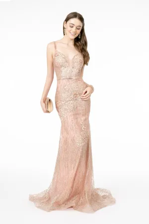 GL 2889 - Floral Embroidered Fit & Flare Prom Gown with Glitter Sequin & Jeweled Waistband