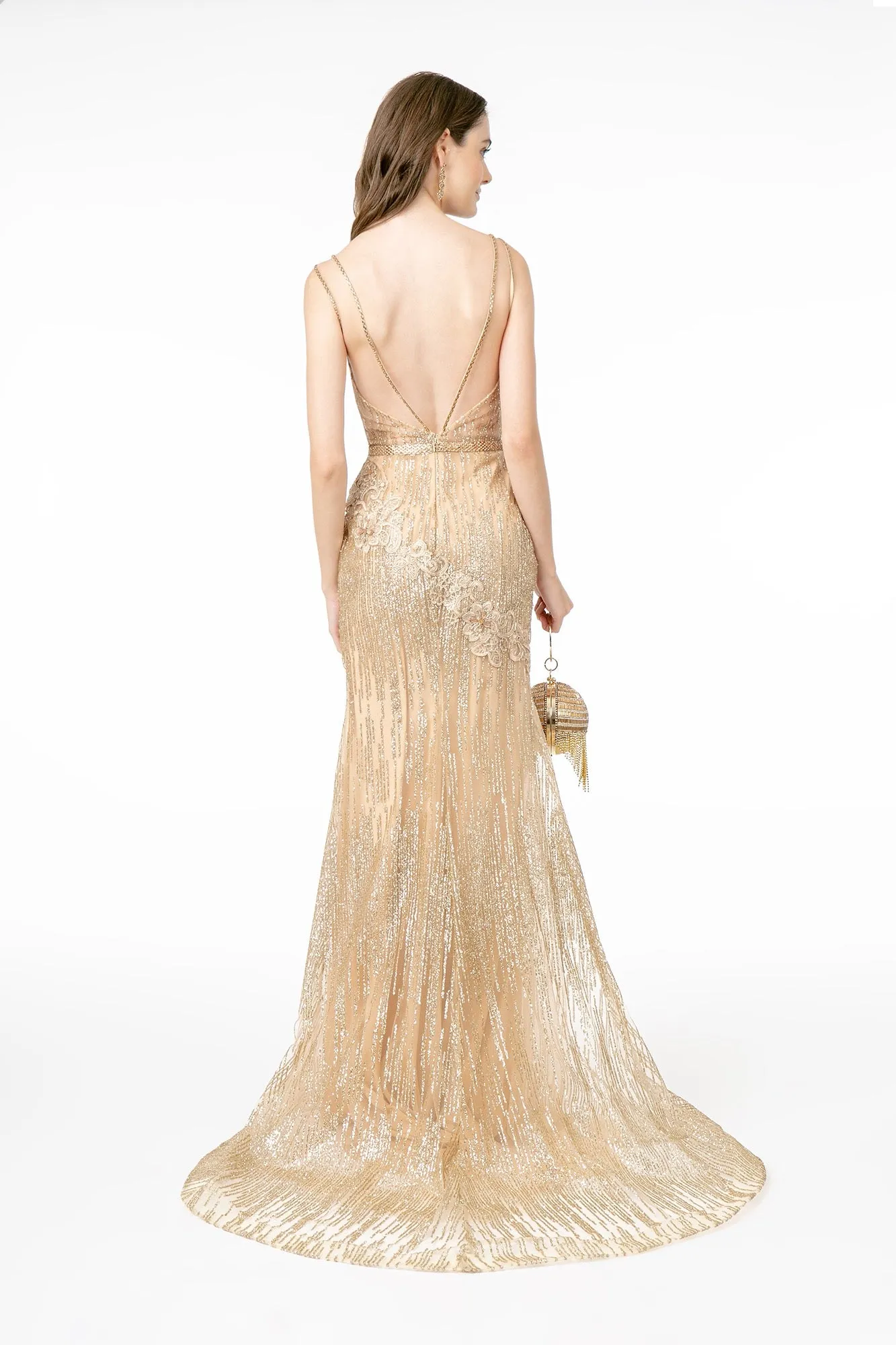 GL 2889 - Floral Embroidered Fit & Flare Prom Gown with Glitter Sequin & Jeweled Waistband