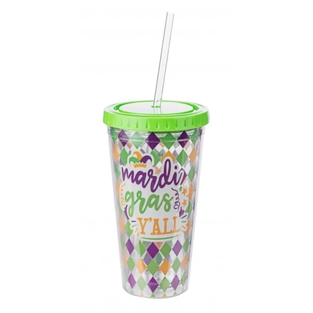 Insulated "Mardi Gras Y'all" Tumbler & Straw, 16oz