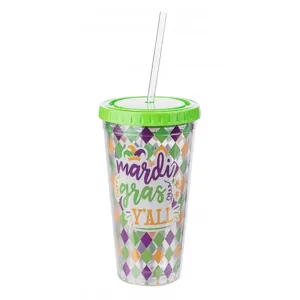Insulated "Mardi Gras Y'all" Tumbler & Straw, 16oz