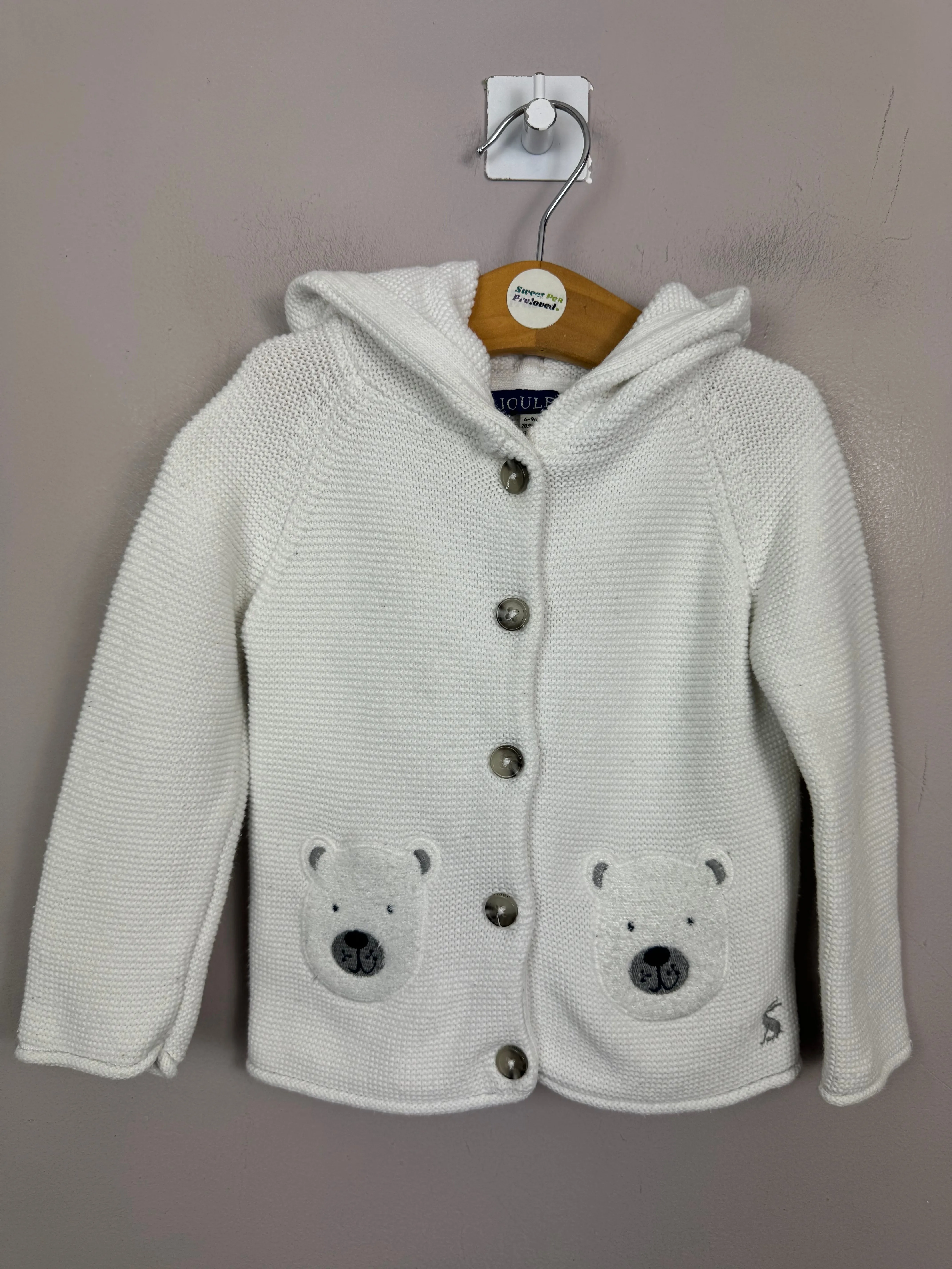 Joules White Hooded Bear Cardigan 6-9m