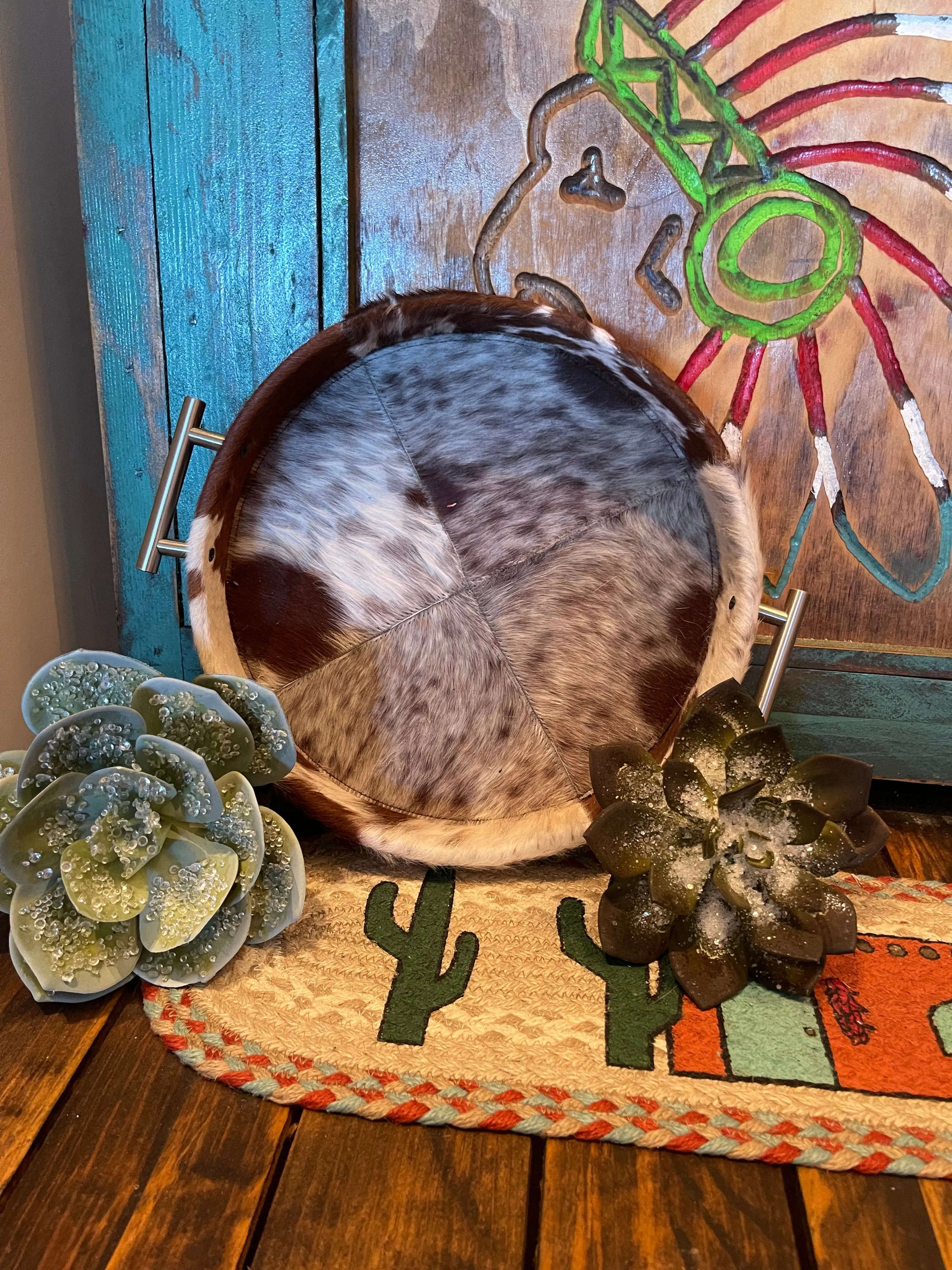 Large ROUND handle cowhide Tray