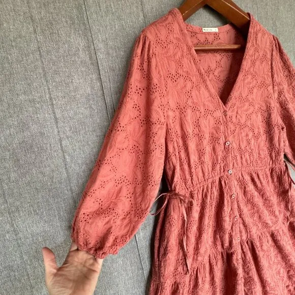 Marine Layer Willow Eyelet Embroidered Puff Sleeve Tiered Midi Dress Size Large