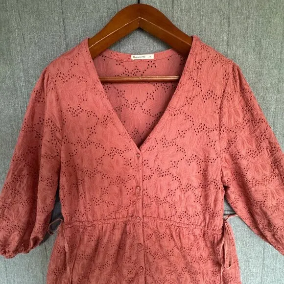 Marine Layer Willow Eyelet Embroidered Puff Sleeve Tiered Midi Dress Size Large