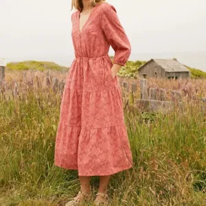Marine Layer Willow Eyelet Embroidered Puff Sleeve Tiered Midi Dress Size Large