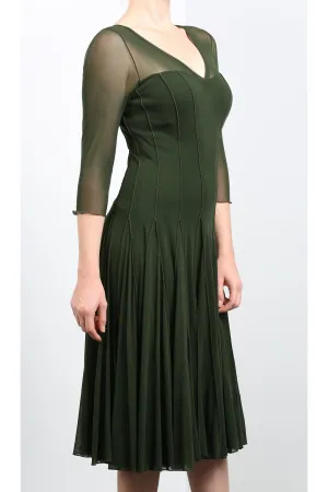 MAXIMA Fit and Flare 3/4 Sleeves Paneled Dress Olive