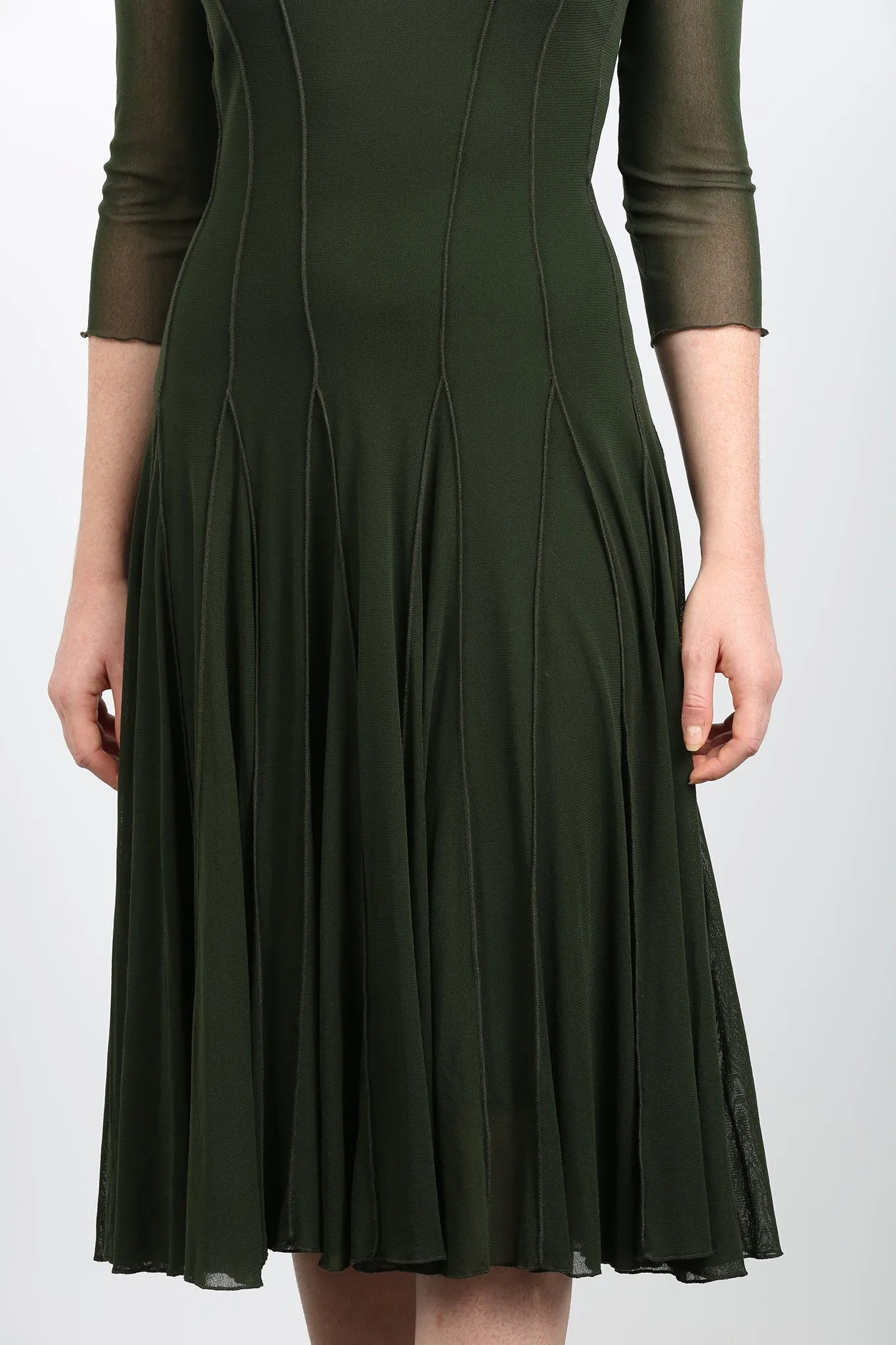MAXIMA Fit and Flare 3/4 Sleeves Paneled Dress Olive