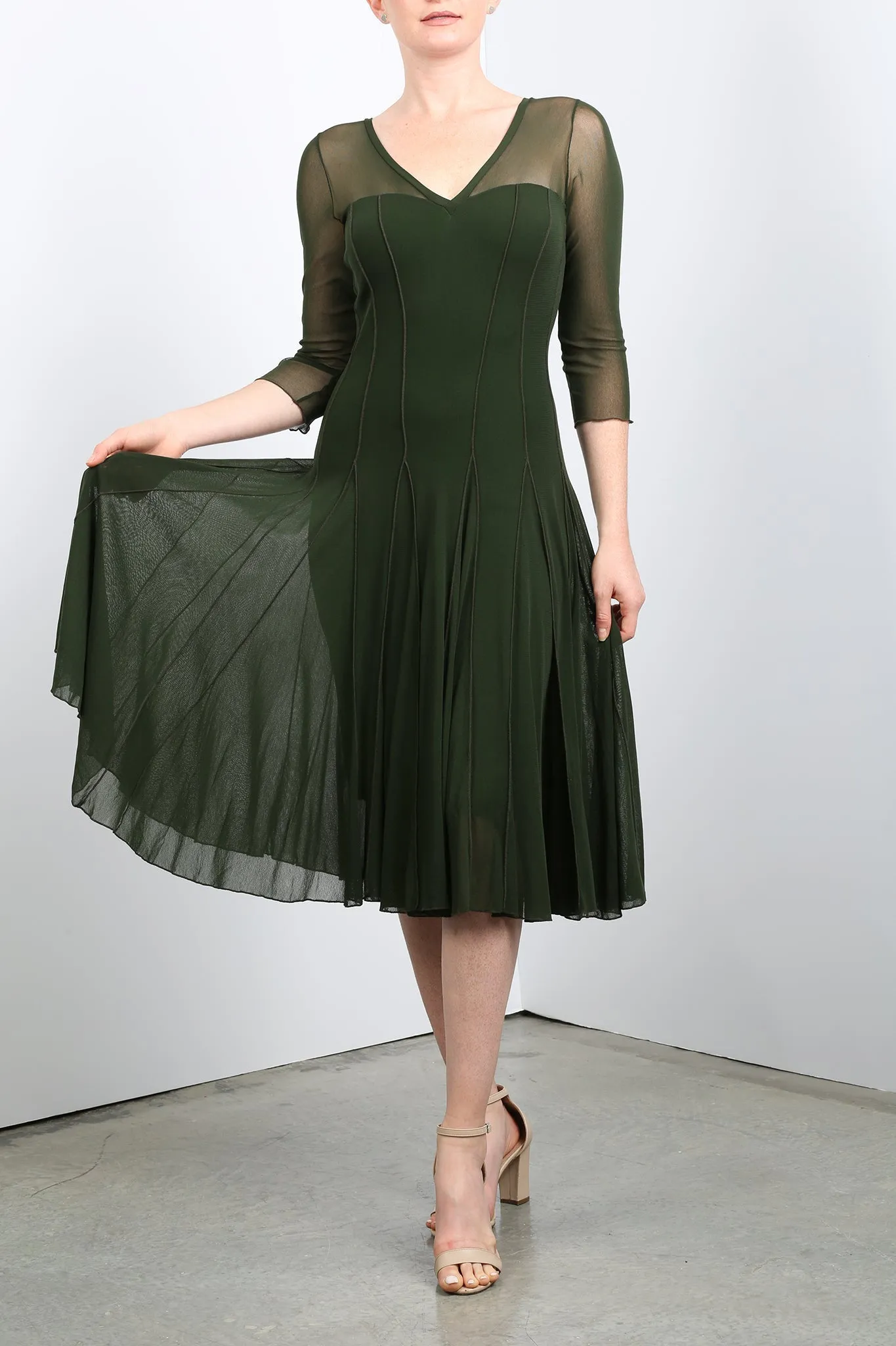 MAXIMA Fit and Flare 3/4 Sleeves Paneled Dress Olive