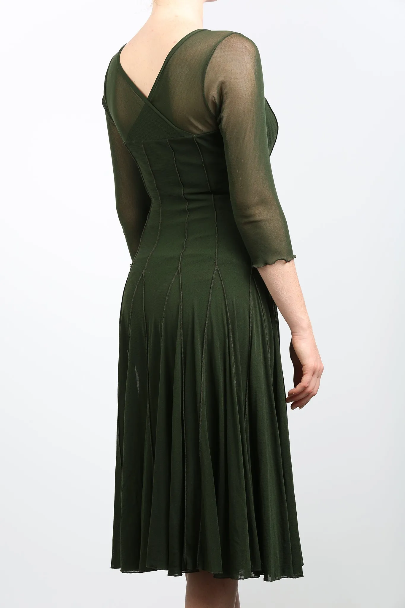 MAXIMA Fit and Flare 3/4 Sleeves Paneled Dress Olive