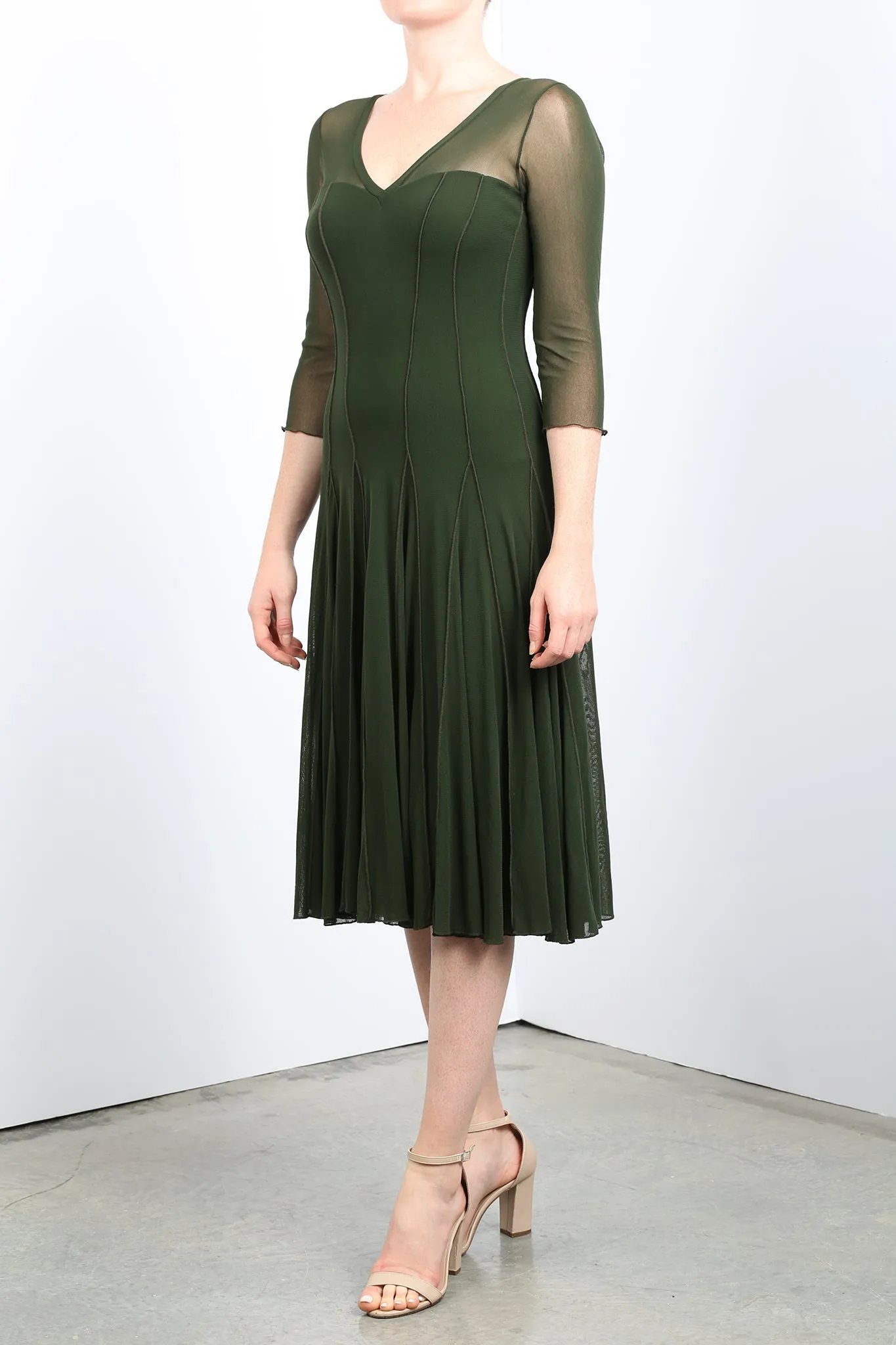 MAXIMA Fit and Flare 3/4 Sleeves Paneled Dress Olive