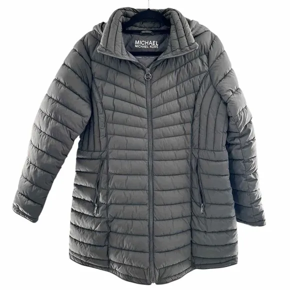 Michael Michael Kors Gray Ultra Light Weight Packable Hooded Puffer Coat