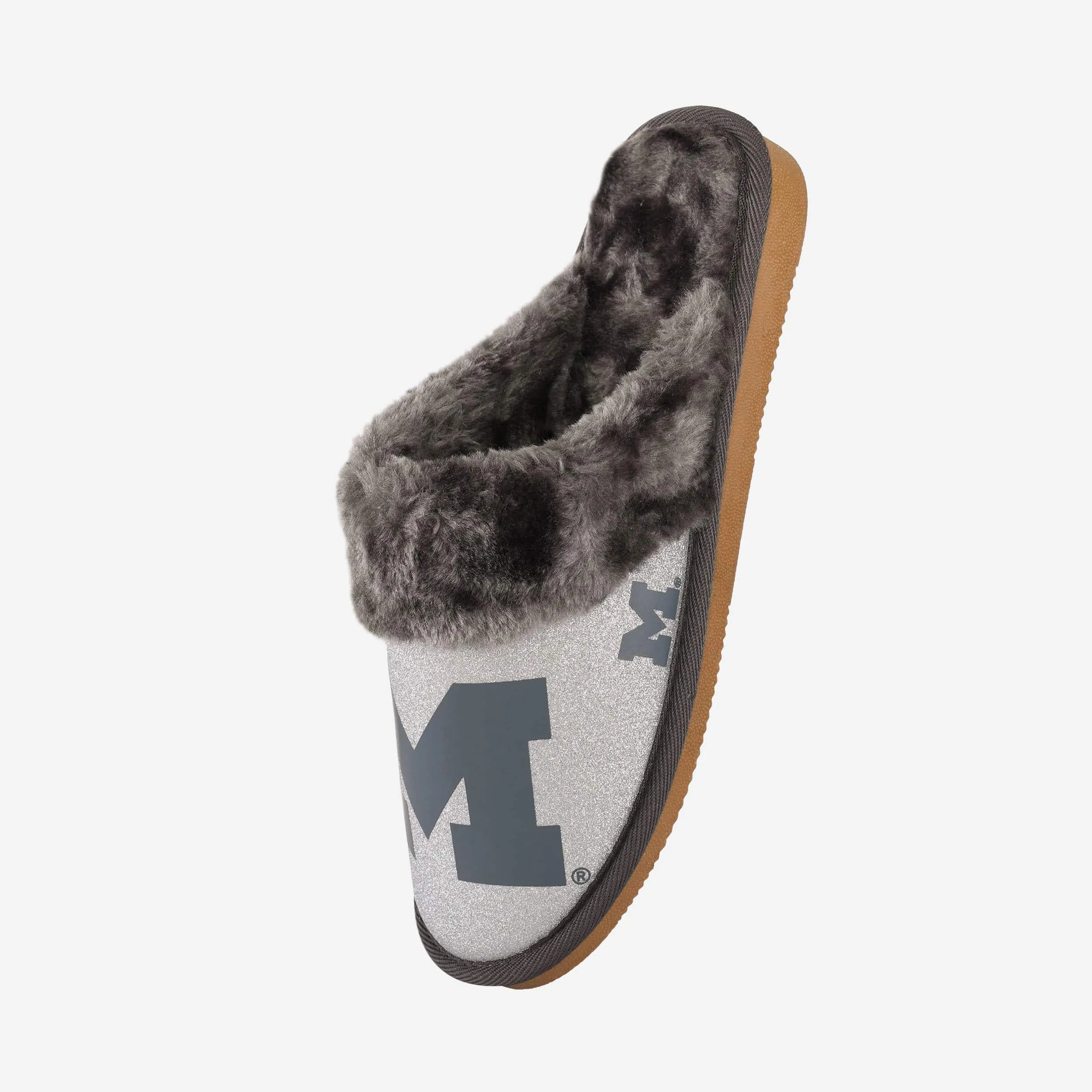 Michigan Wolverines Womens Glitter Open Back Fur Moccasin Slipper
