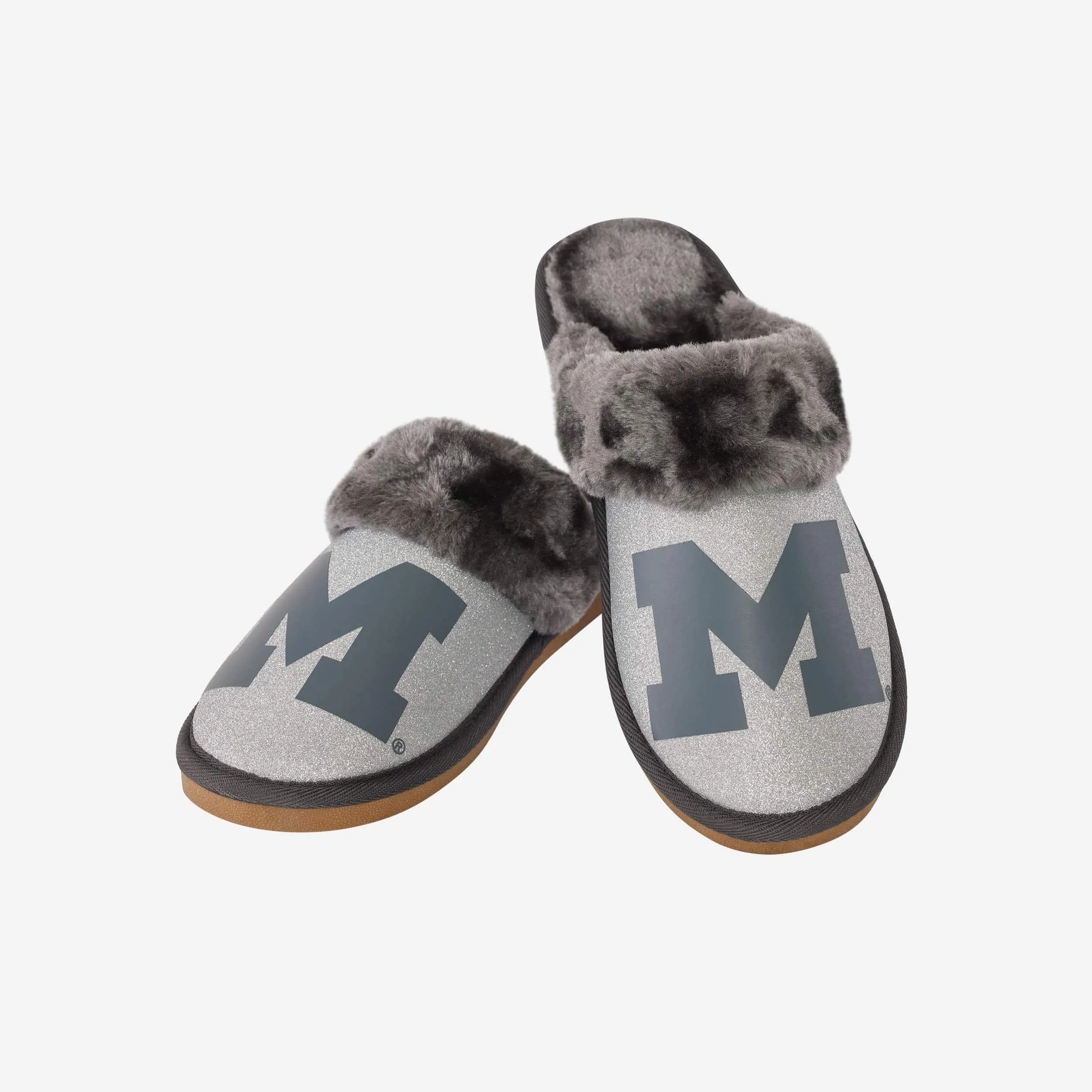 Michigan Wolverines Womens Glitter Open Back Fur Moccasin Slipper