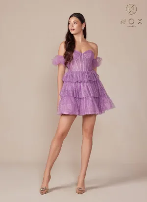 N- Y860 - Short Full Sequin A-Line Homecoming Dress with Boned Corset Bodice & Optional Puff Sleeves