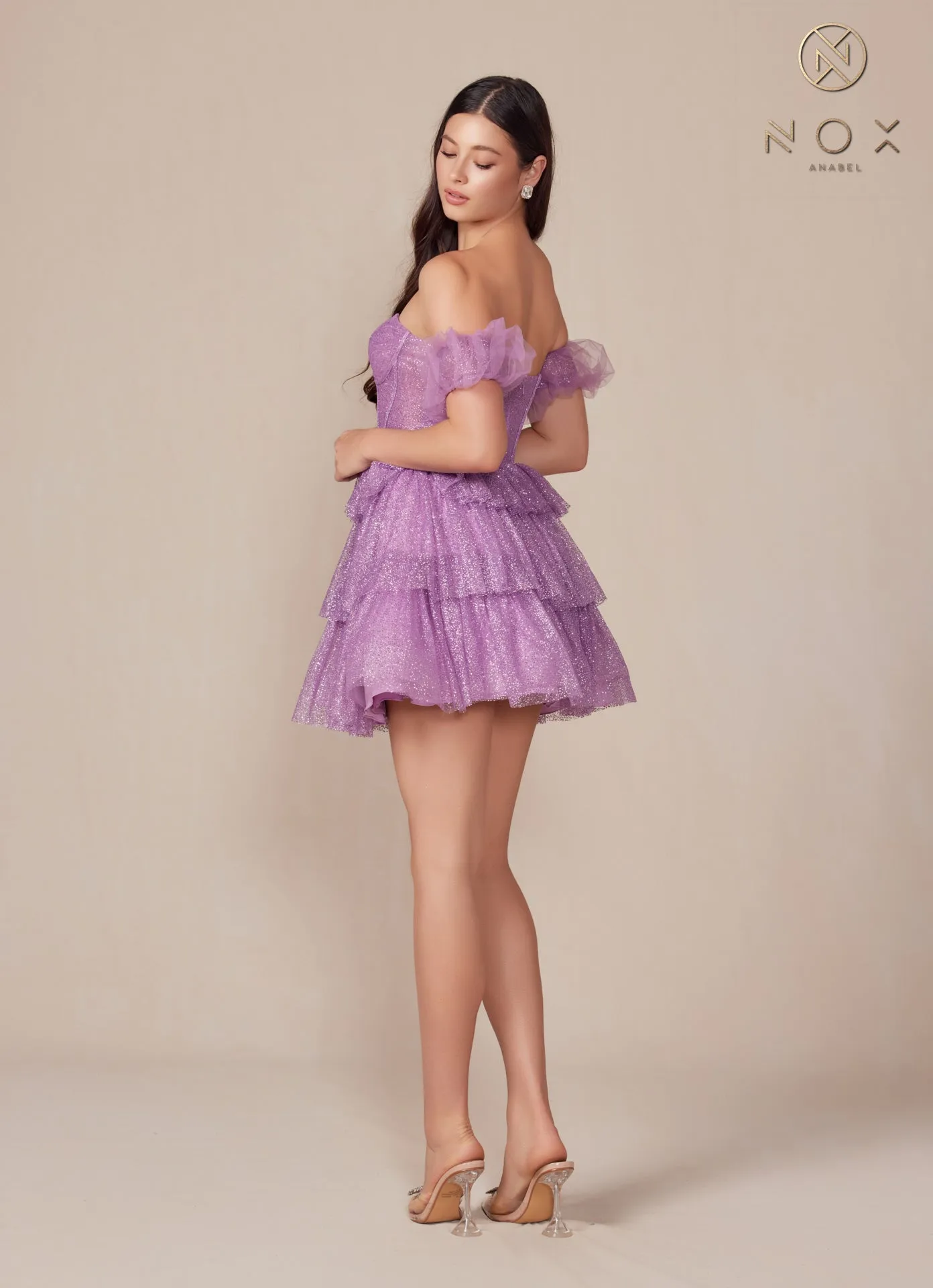 N- Y860 - Short Full Sequin A-Line Homecoming Dress with Boned Corset Bodice & Optional Puff Sleeves