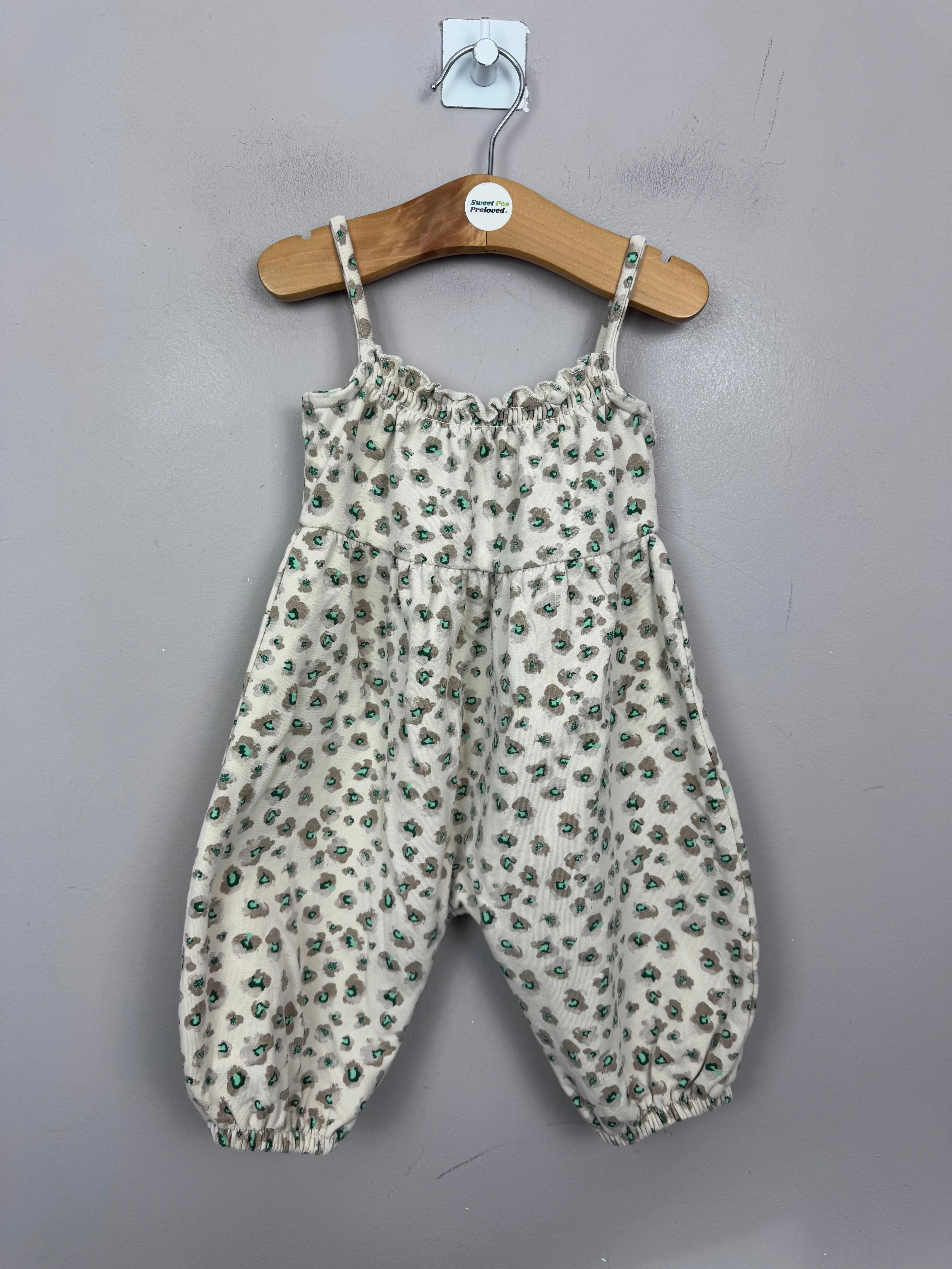 Next cream cosy leopard dungarees 3-6m