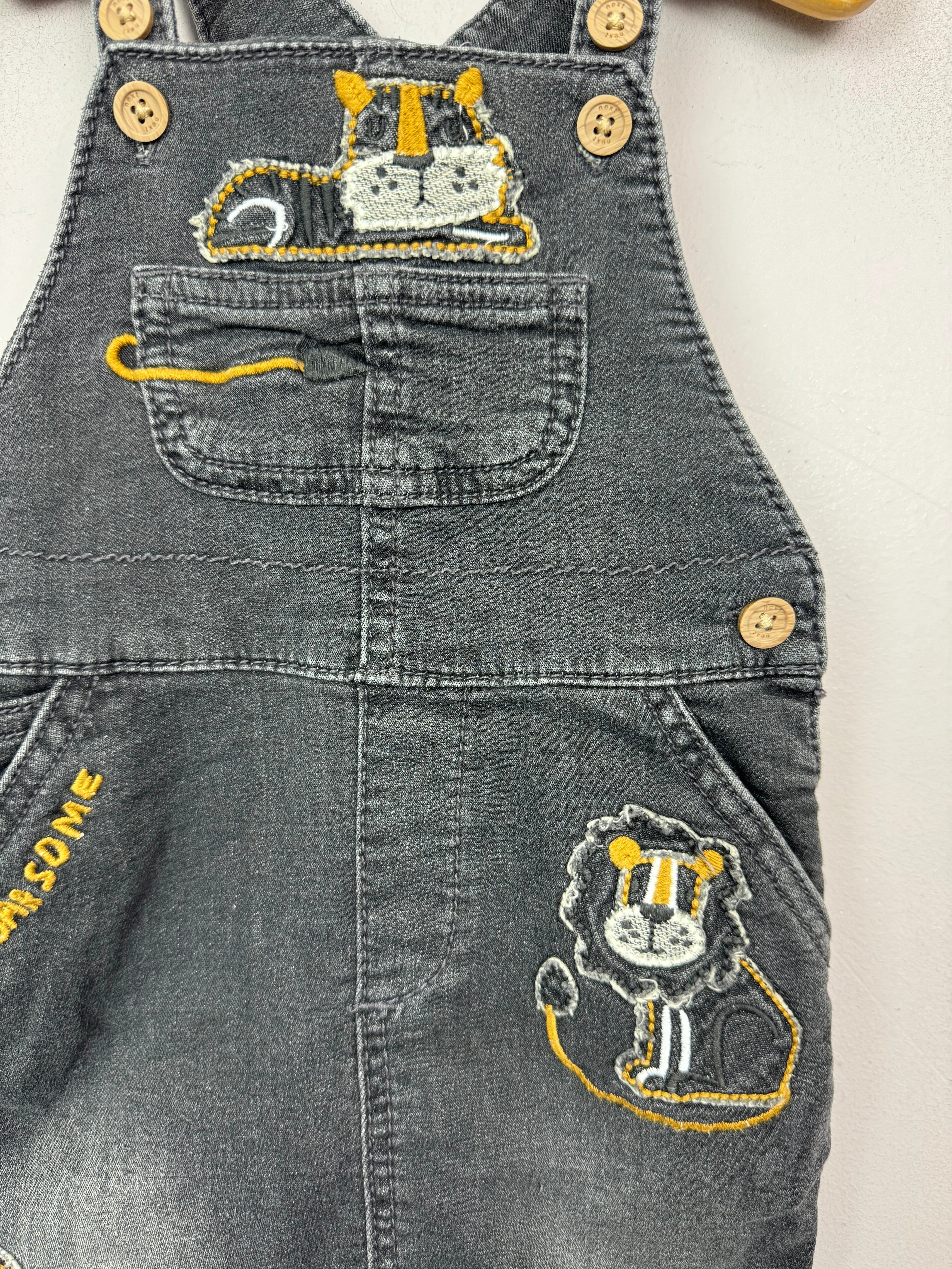 Next grey denim roarsome dungarees 0-3m
