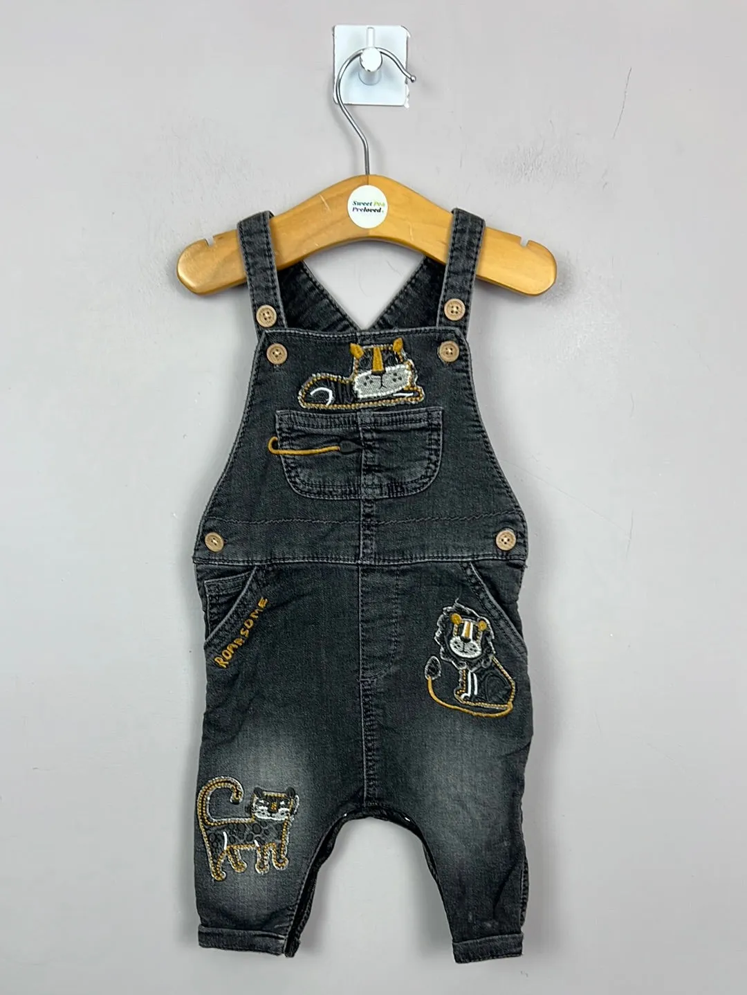Next grey denim roarsome dungarees 0-3m