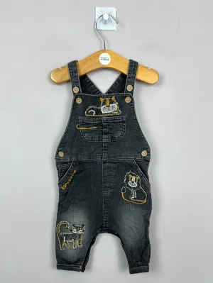 Next grey denim roarsome dungarees 0-3m