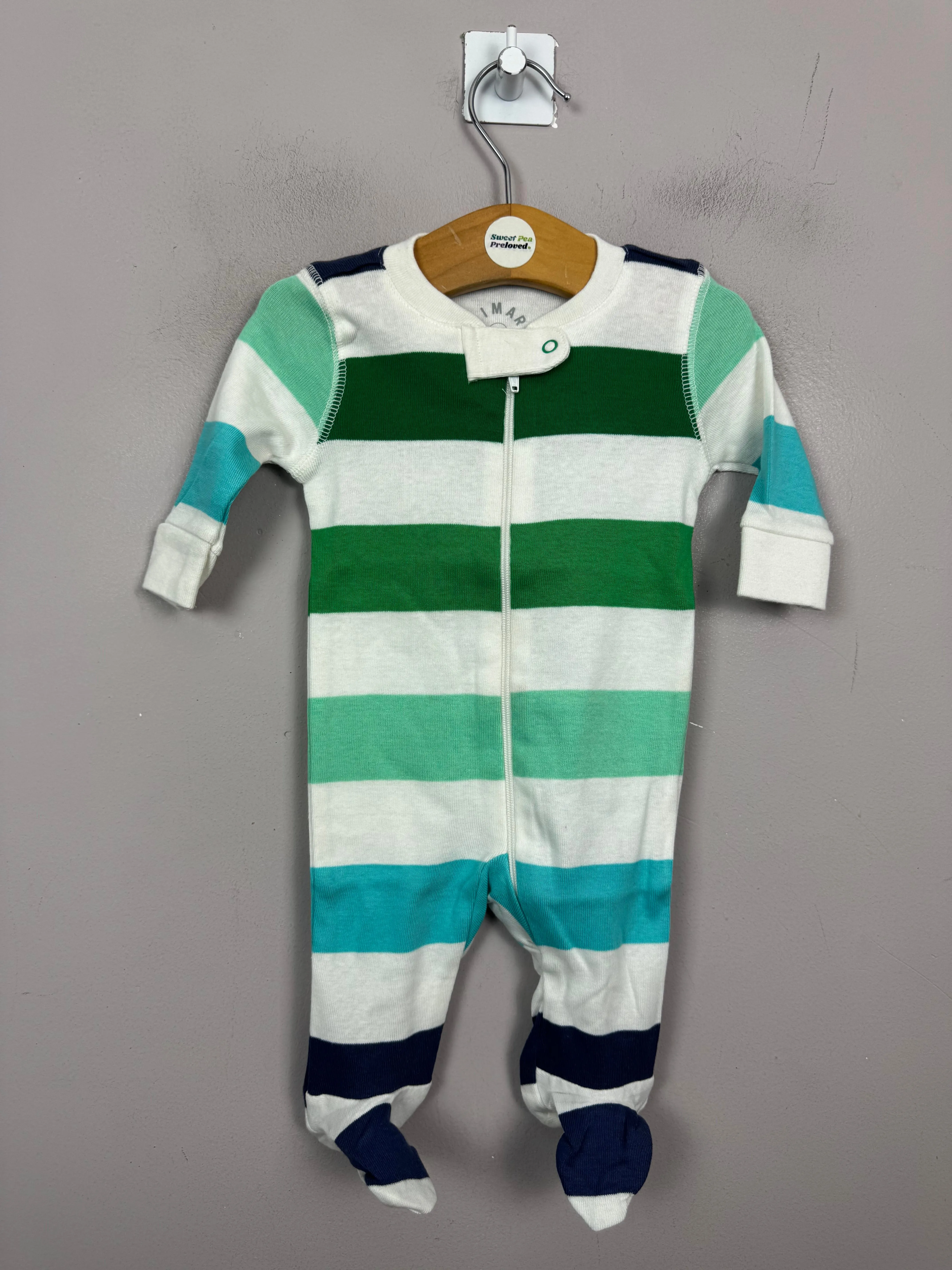 Primary Organic Sleepsuit - Multi Stripe Green/Navy (New) Newborn, 6-9m