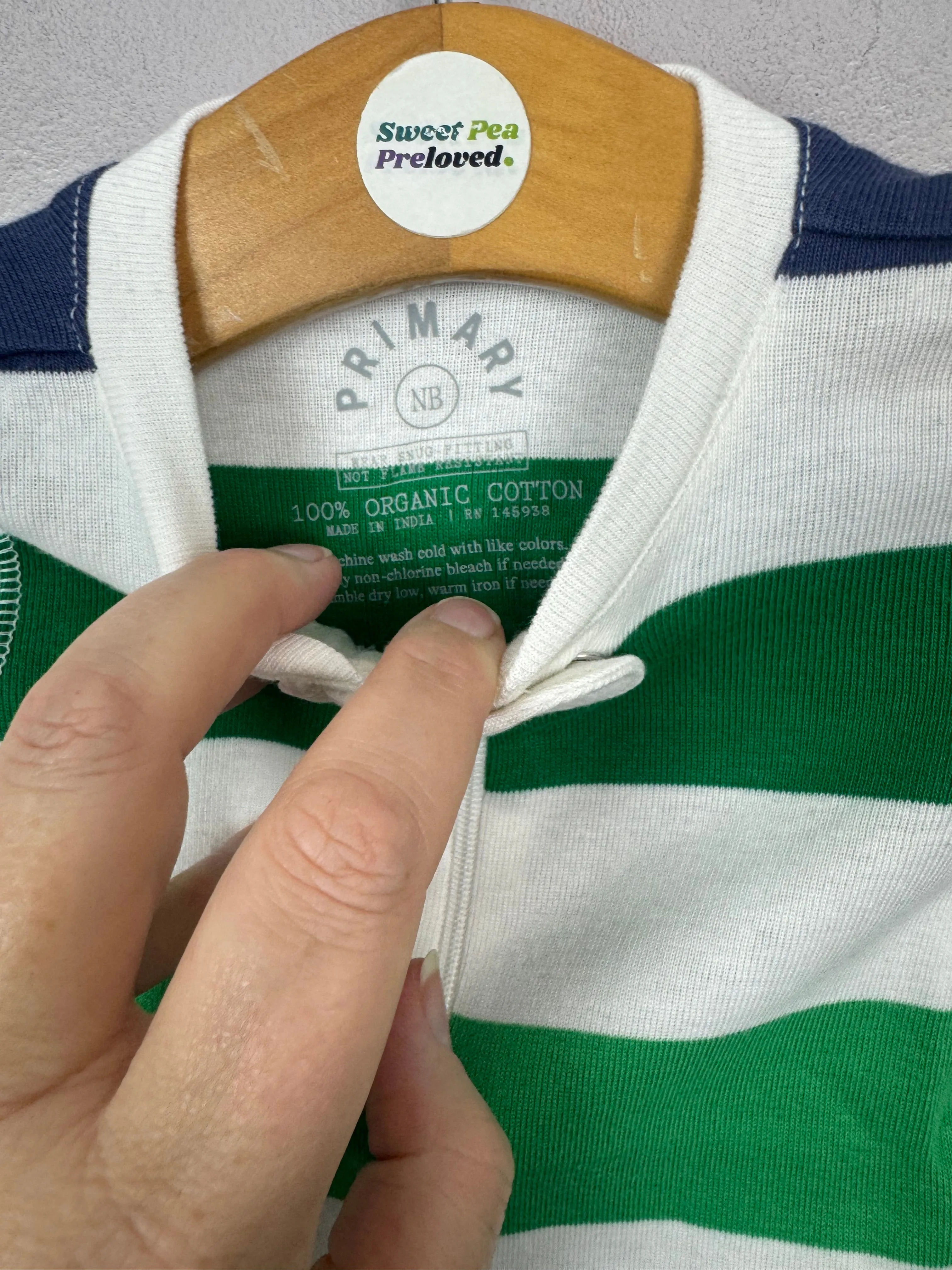 Primary Organic Sleepsuit - Multi Stripe Green/Navy (New) Newborn, 6-9m