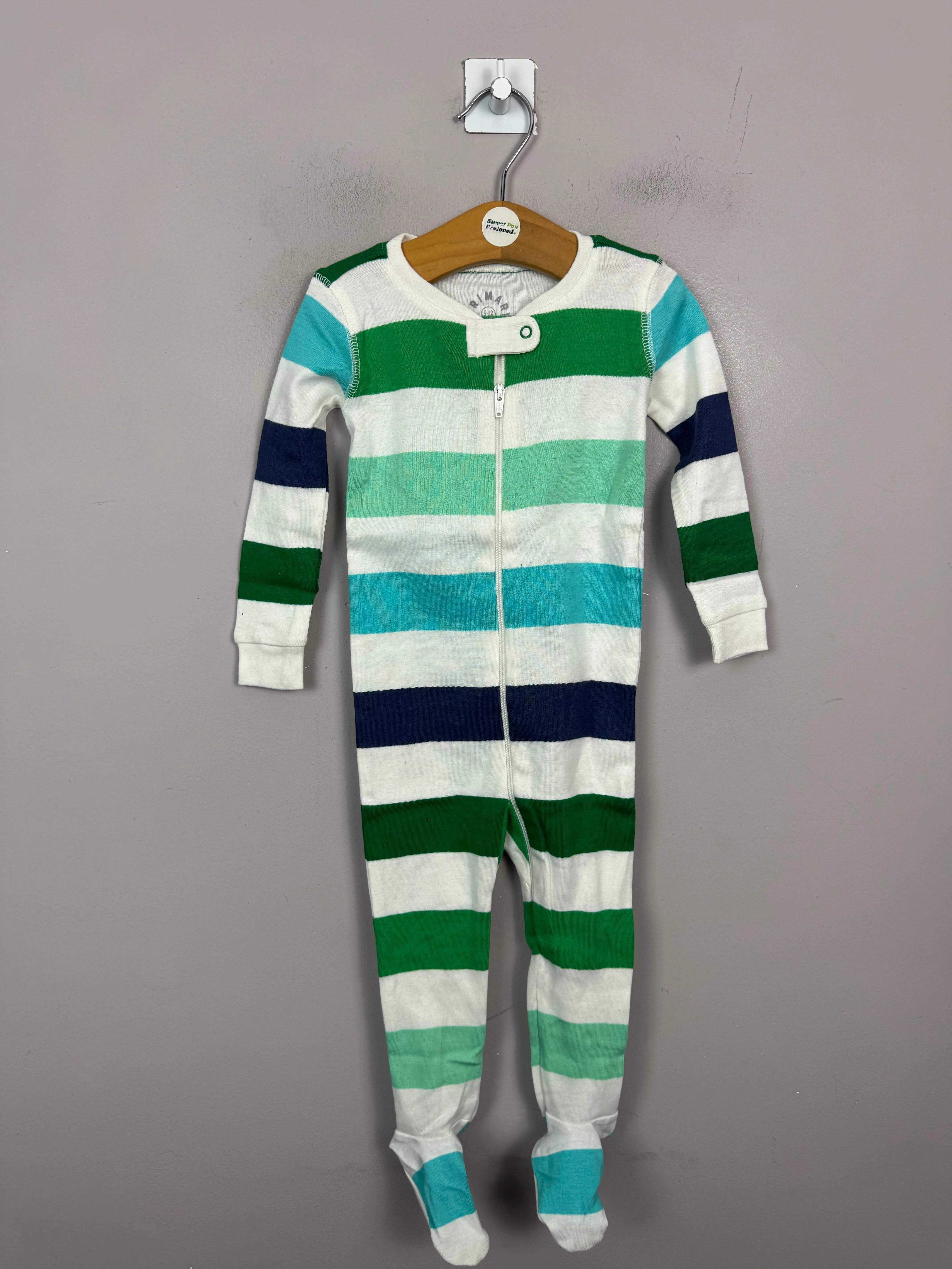 Primary Organic Sleepsuit - Multi Stripe Green/Navy (New) Newborn, 6-9m