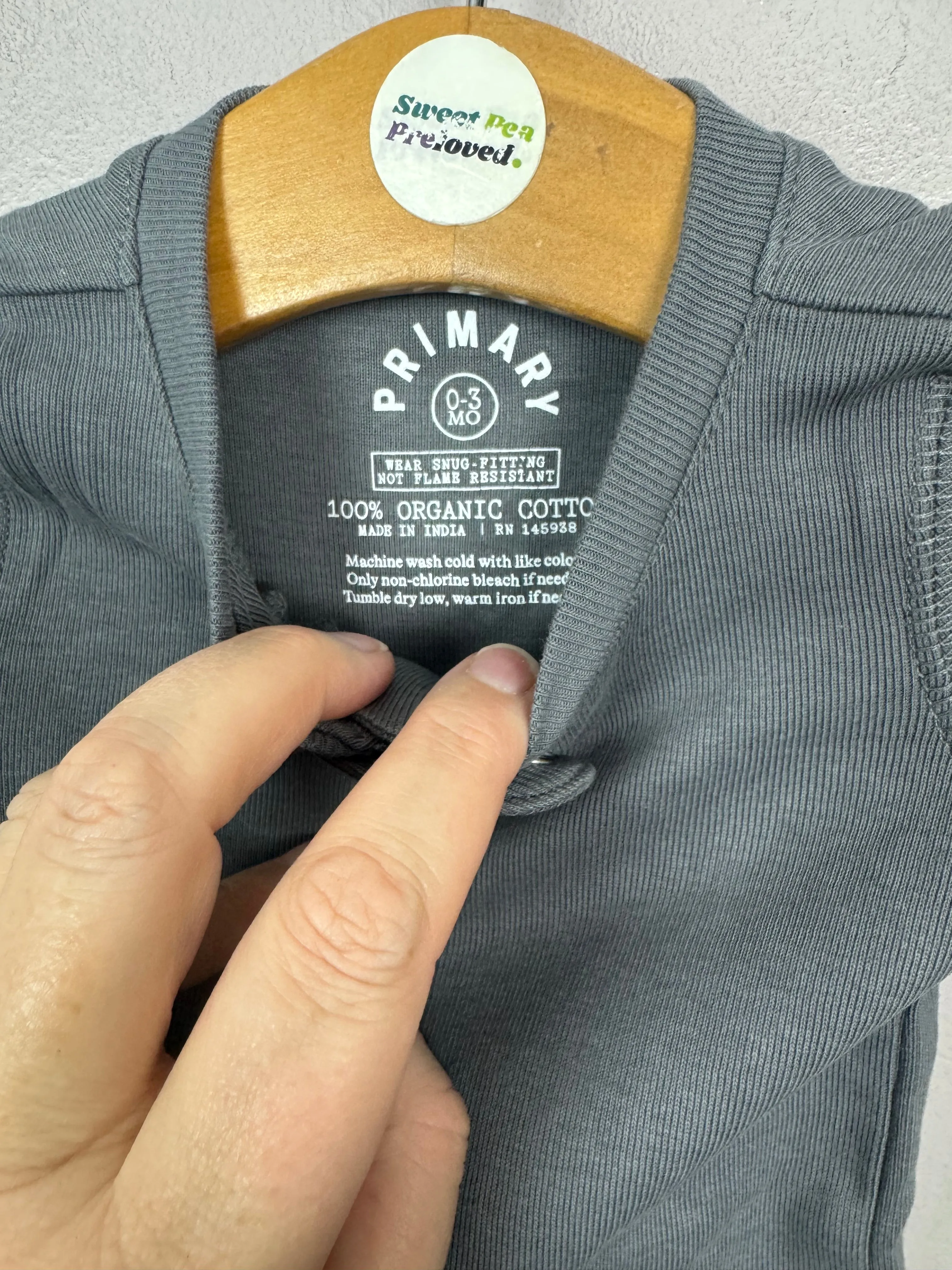 Primary Organic Sleepsuit - Plain dye, Charcoal (New) 0-3m, 9-12m, 18-24m