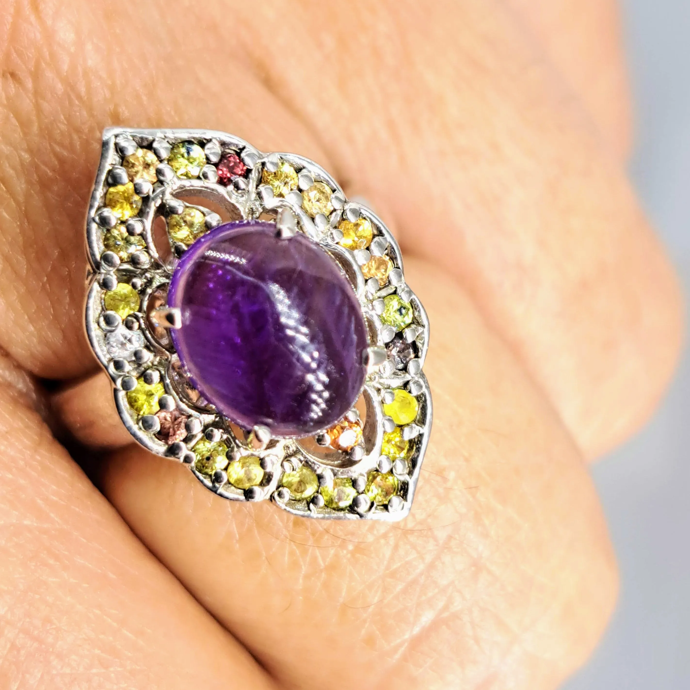 "Biz Markee" Sz 8 Ring - Amethyst, Sapphire, Beryl, Heliodor, Sterling