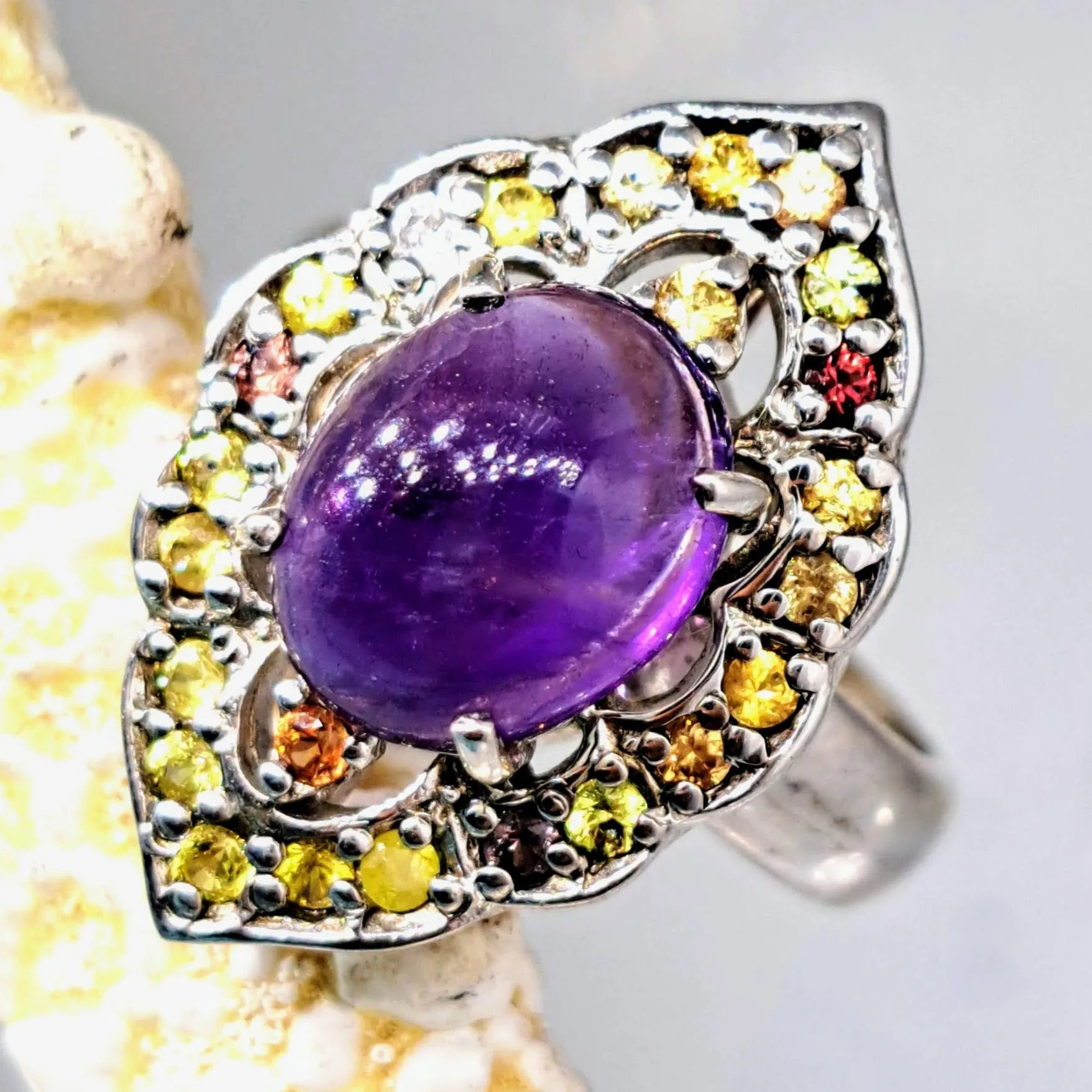 "Biz Markee" Sz 8 Ring - Amethyst, Sapphire, Beryl, Heliodor, Sterling