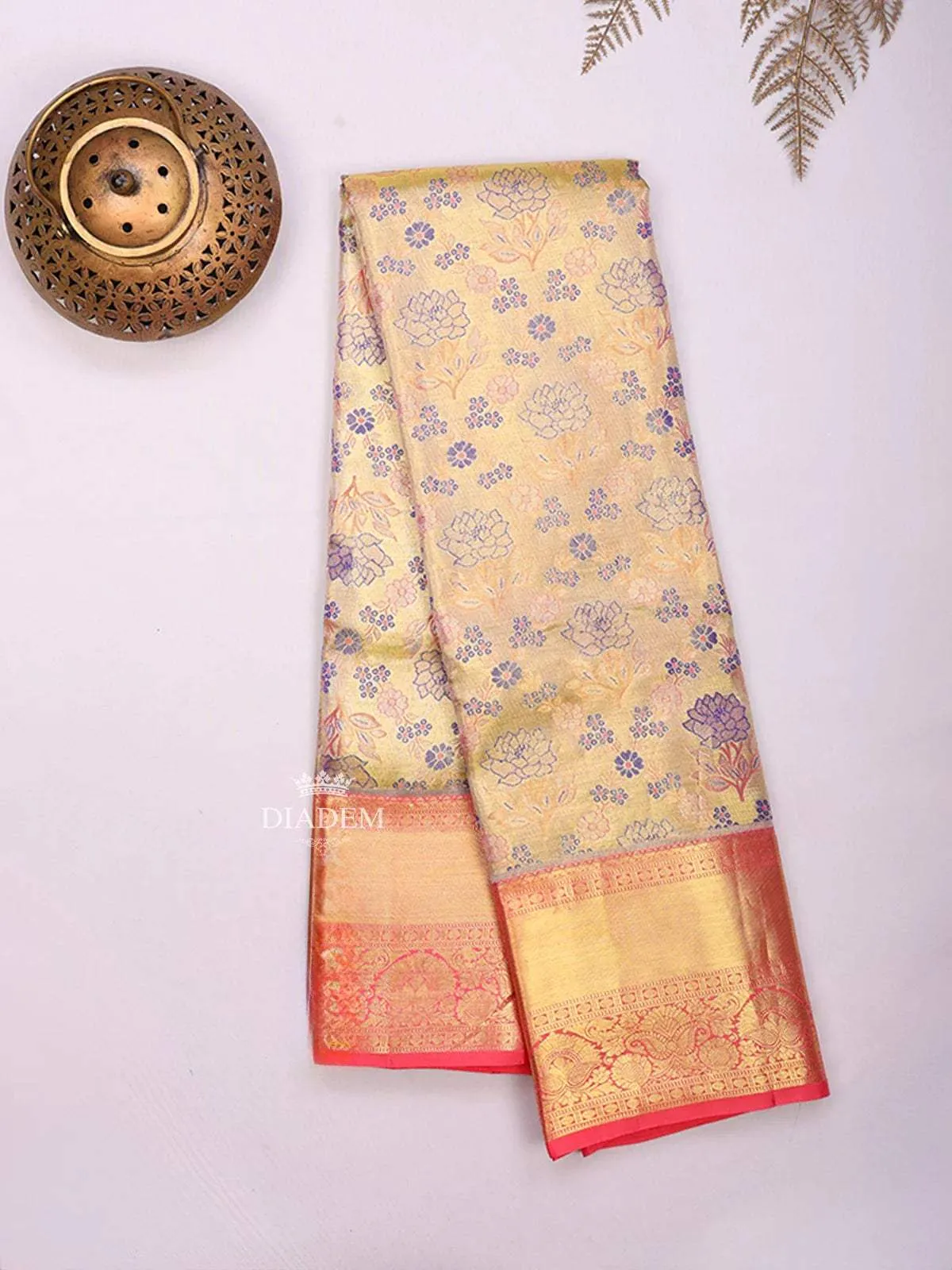 Sandal Pure Kanchipuram Bridal Silk Saree with Floral Motif on the body and Contrast Zari Border
