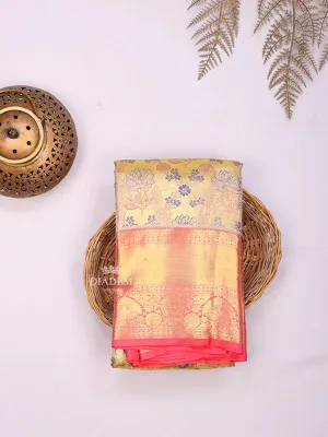 Sandal Pure Kanchipuram Bridal Silk Saree with Floral Motif on the body and Contrast Zari Border