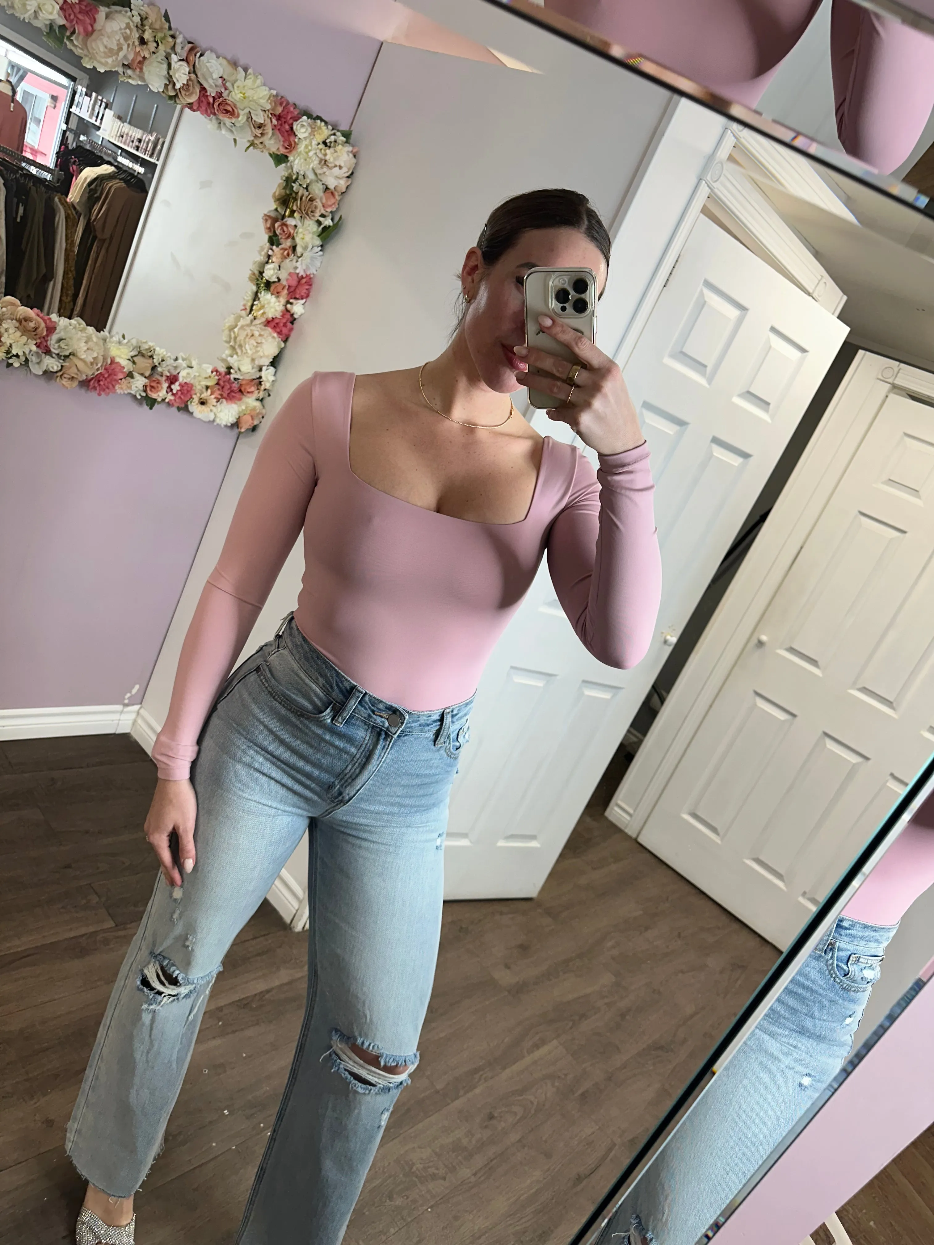 Stacy Square Neck Long Sleeve Bodysuit In Woodrose