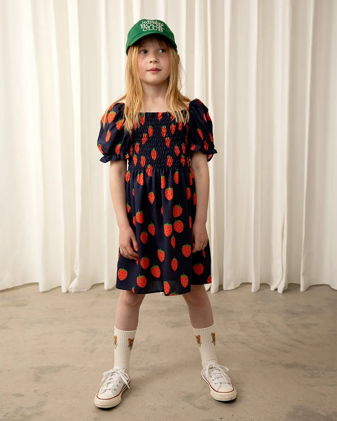 Strawberries Woven Puff Sleeves Dress in Blue by Mini Rodini