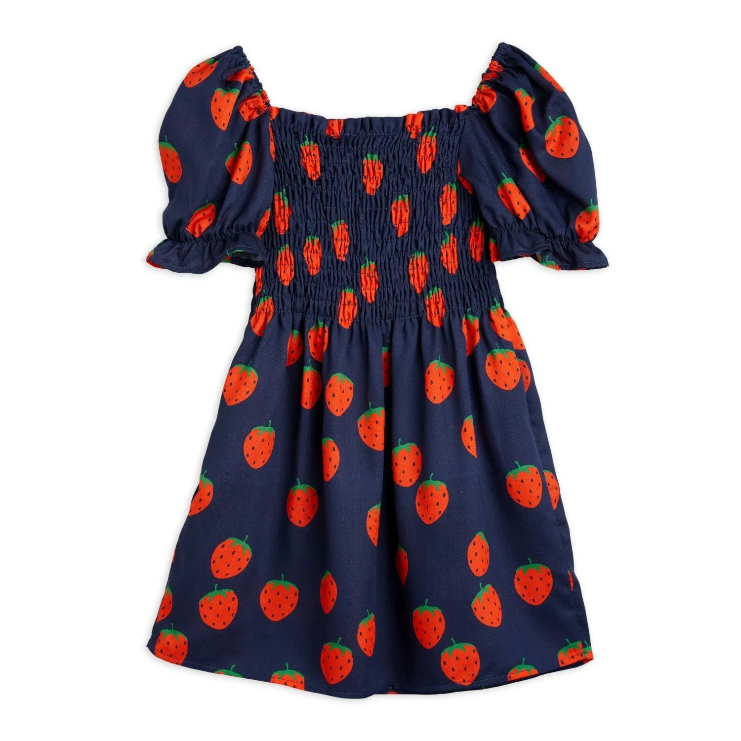 Strawberries Woven Puff Sleeves Dress in Blue by Mini Rodini