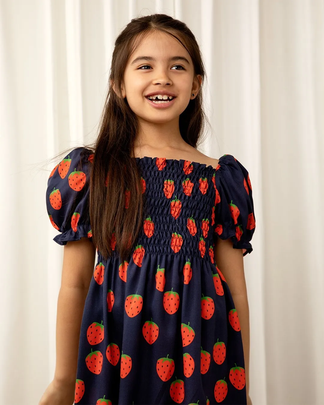 Strawberries Woven Puff Sleeves Dress in Blue by Mini Rodini