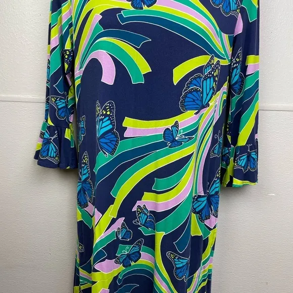 Tori Richard Malia Social Butterfly Ruffle Sleeve Jersey Blue Multi Color Dress
