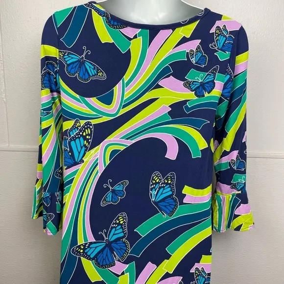 Tori Richard Malia Social Butterfly Ruffle Sleeve Jersey Blue Multi Color Dress