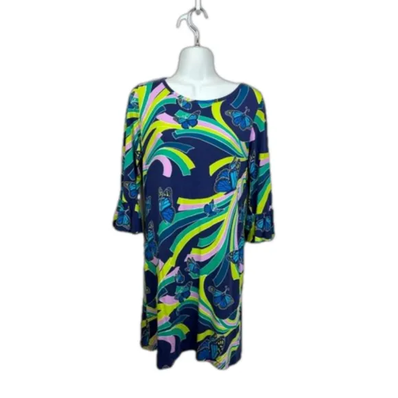 Tori Richard Malia Social Butterfly Ruffle Sleeve Jersey Blue Multi Color Dress