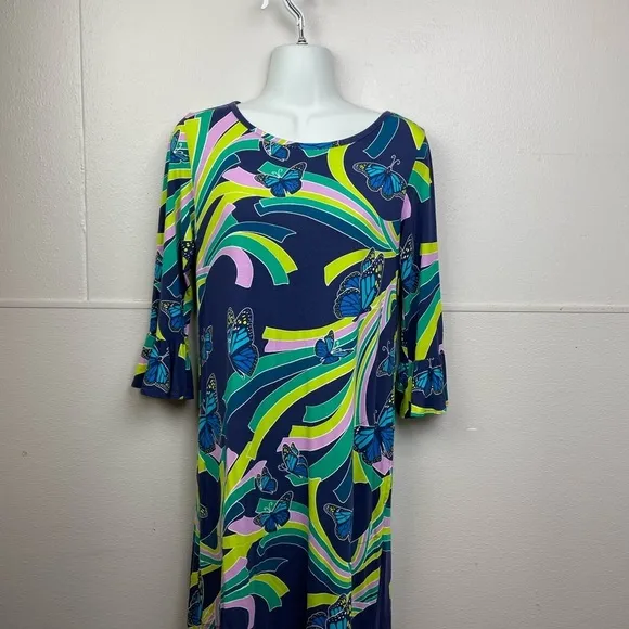 Tori Richard Malia Social Butterfly Ruffle Sleeve Jersey Blue Multi Color Dress