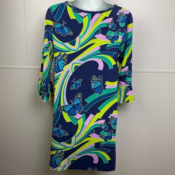 Tori Richard Malia Social Butterfly Ruffle Sleeve Jersey Blue Multi Color Dress